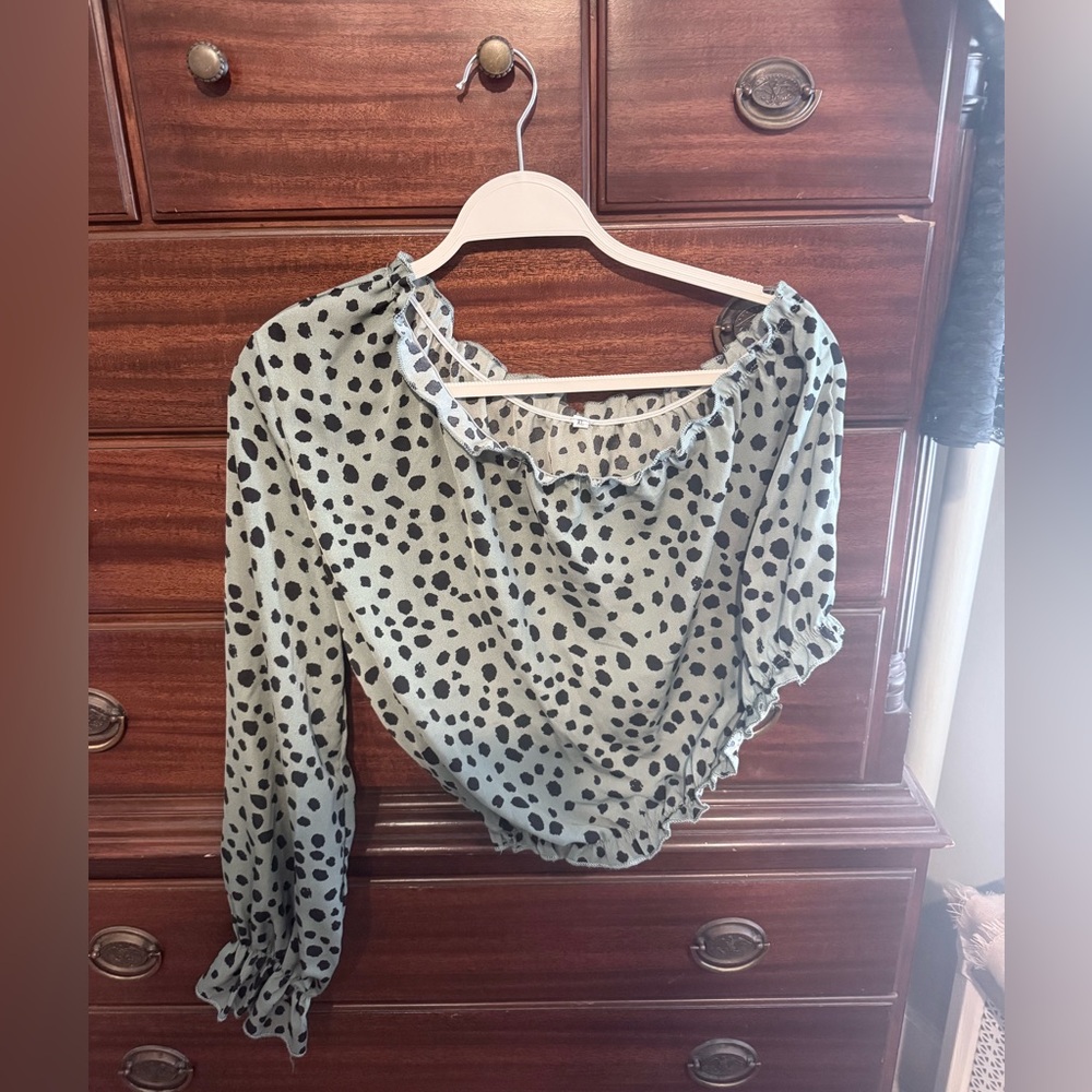 Women's Polka Dot Ruffled Long-Sleeve Top - Sage Green
